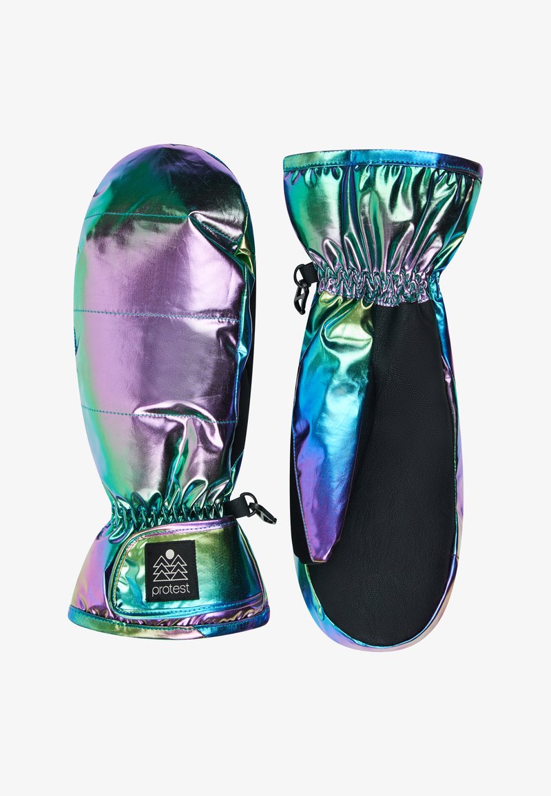 Kleurige wanten met een glanzende, iriserende buitenkant, zwarte leren handpalmen, elastische manchetten en een logopatch op de pols.