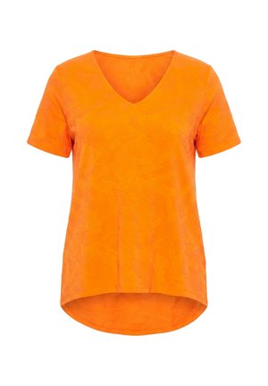 T-shirt arancione brillante a maniche corte con scollo a V, con un motivo testurizzato sottile e un orlo posteriore leggermente più lungo.