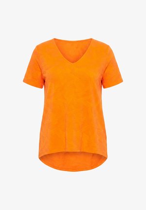 Kirkkaan oranssi lyhythihainen V-kaula-aukkoinen t-paita, jossa on hienovarainen tekstuurikuvio ja hieman pidempi takahelma.