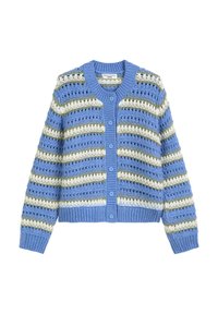Wzorzysty kardigan szydełkowy w niebieskie, białe i zielone paski. Posiada dekolt w kształcie V, zapięcie na guzik, ściągacz na końcach oraz teksturowany wzór dzianiny.