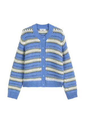 Crochet cardigan with blue, white, and green stripes. Features a v-neck, button closure, ribbed hem, and textured knit design.
