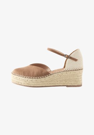 Espadrile cu talpă cu platformă tip pană, față din piele întoarsă bej, spate bej țesut, bretea la gleznă cu cataramă și talpă platformă împletită din iută.