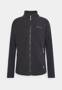 Schwarze Fleecejacke mit hohem Kragen, durchgehendem Reißverschluss, zwei Seitentaschen und VAUDE-Logo auf der Brust. Sie zeichnet sich durch eine glatte Textur und einen figurbetonten Schnitt aus.