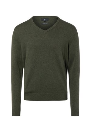 Długi rękaw, ciemnozielony sweter z organicznej bawełny z dekoltem w serek, ze ściągaczami na mankietach i dolnym brzegu, prezentowany z przodu na białym tle.