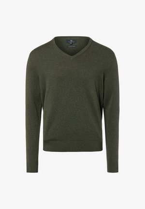 Długi rękaw, ciemnozielony sweter z organicznej bawełny z dekoltem w serek, ze ściągaczami na mankietach i dolnym brzegu, prezentowany z przodu na białym tle.