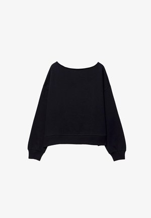 Schwarzer Pullover mit weitem Ausschnitt, überschnittenen Schultern und langen Ärmeln. Hergestellt aus weichem Stoff, mit lockerer Passform und geripptem Saum.