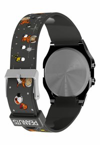 Orologio nero con cinturino in silicone grigio a motivo con personaggi dei cartoni animati e fibbia argentata. La cassa ha una finitura lucida.