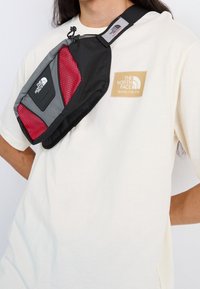 Svart och röd axelväska med nätaccent, grå panel och The North Face-logotyp; bärs över en ljusbeige t-shirt med en logotypapplikation.