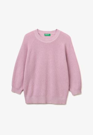 Lichtpaarse gebreide trui met lange mouwen, geribde manchetten, ronde hals en geribde zoom, weergegeven op een witte achtergrond.