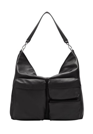 Sac à épaule en cuir noir avec une forme décontractée, featuring deux poches avant et une texture lisse. Bandoulière réglable avec des accents en métal argenté.