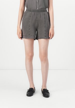 Grå bomullsblandingsshorts med elastisk midjebånd, sidelommer og en avslappet passform, med synlig søm og hemmet kant.