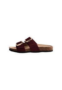 Burgundy skidsandaler med två justerbara remmar, gyllene spännen och en vadderad korksula; texturerad gummisula för bättre grepp.