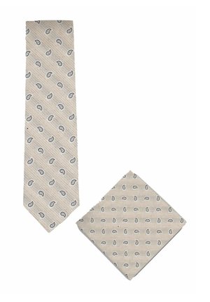 Beige stropdas en bijpassend pochet met een klein blauw-zwart paisley patroon op een gestructureerde stof.