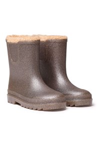 Botas de goma marrón brillantes con un acabado texturizado y un suave forro de piel sintética en tono marrón claro. Incluyen una suela gruesa con tacos para mayor tracción.