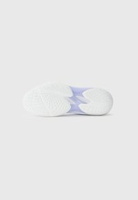 Sport shoe with a flexible white rubber sole, light purple midsole, and textured bottom for traction. Features curved lines and pattern detailing.