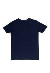 T-shirt in cotone navy, maniche corte, collo tondo, texture liscia, design semplice, senza loghi o motivi visibili, vista posteriore.