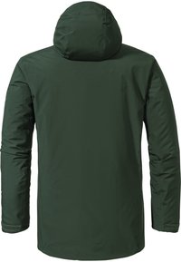 Groene, waterdichte jas met een capuchon; beschikt over een gladde textuur, lange mouwen en verstelbare manchetten; minimalistisch ontwerp zonder zichtbare branding.