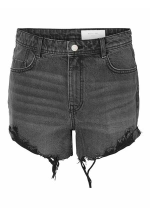 Sorte jeansshorts med frynset kant og lukning med knapper foran, med fem-lomme-design og synligt mærke indeni linningen.