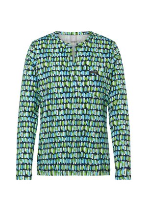 Long-sleeve top in a geometric pattern of blue and green hues, featuring a round neckline and fitted cuffs. Soft, stretch fabric.
