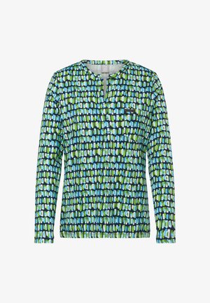 Long-sleeve top in a geometric pattern of blue and green hues, featuring a round neckline and fitted cuffs. Soft, stretch fabric.