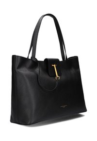 Zwarte leren tote bag met een gestructureerd oppervlak, twee stevige handvatten en een gouden magneetsluiting. Strak, minimalistisch ontwerp.