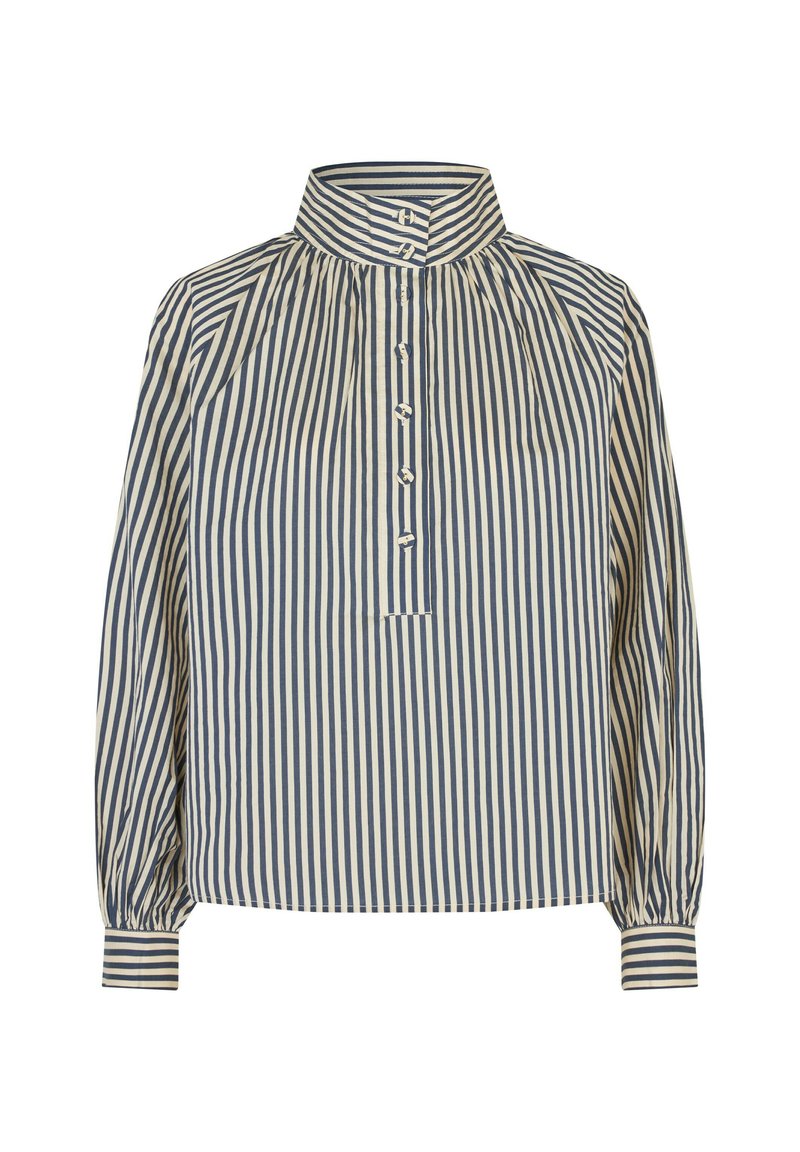 Gestreifte Bluse in Marineblau und Creme, mit hohem Kragen, Knopfleiste, gerafften Schultern und elastischen Bündchen.