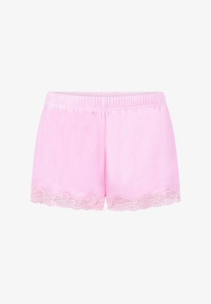 Roze satijnen korte broek met een elastische tailleband. De zoom is afgewerkt met een delicate kanten rand met bloemmotieven. Soepele textuur en een ontspannen pasvorm.