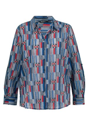 Chemise à manches longues boutonnée avec col présentant un motif rayé géométrique bleu, rouge, blanc et noir.