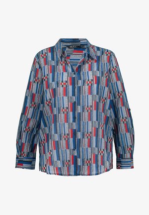 Camicia a maniche lunghe con bottoni e colletto con motivo a strisce geometriche blu, rosse, bianche e nere.