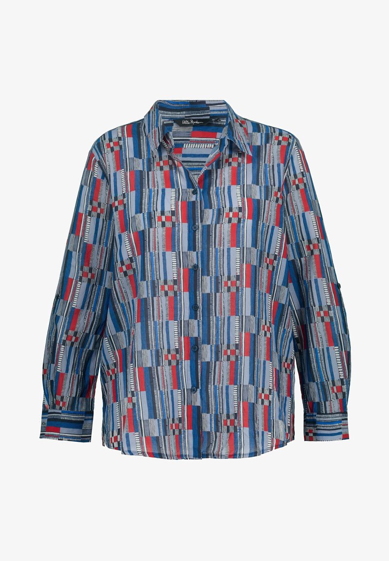 Chemise à manches longues boutonnée avec col présentant un motif rayé géométrique bleu, rouge, blanc et noir.