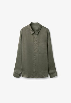 Olivgrünes Langarmhemd mit Knöpfen aus leichtem Stoff, mit spitzem Kragen und einer einzelnen Brusttasche. Strukturiertes Finish.