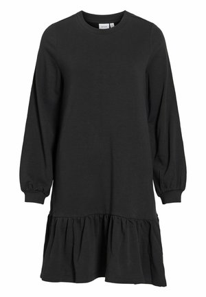 Juoda sportinė suknelė su ilgomis pūstomis rankovėmis, apvalia iškirpte ir pakopotu raukinėliu apačioje. Pagaminta iš minkštos medžiagos, užtikrinančios patogumą ir stilių.