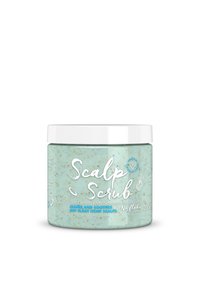 Aquakleurige pot met het label "Scalp Scrub," voorzien van een witte deksel en een gestructureerd oppervlak, met een exfoliërende anti-roosbehandeling.