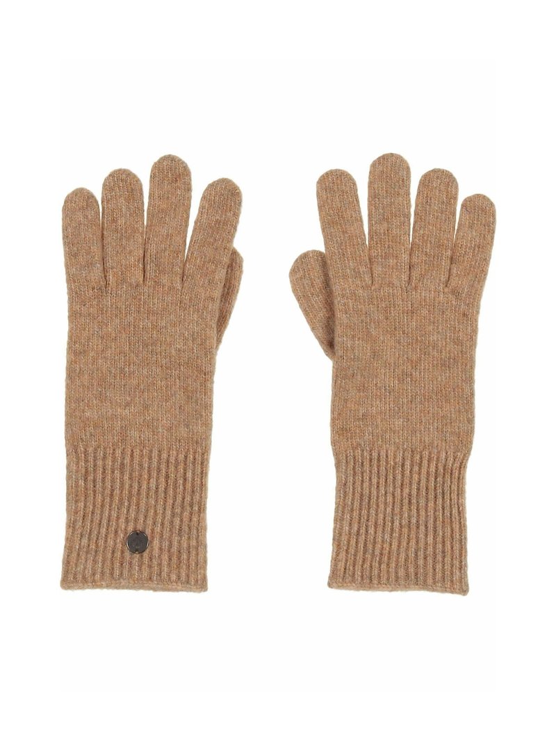 Brown knitted gloves with ribbed cuffs, made from soft fabric. The design features five fingers and a small black logo on the wrist.
