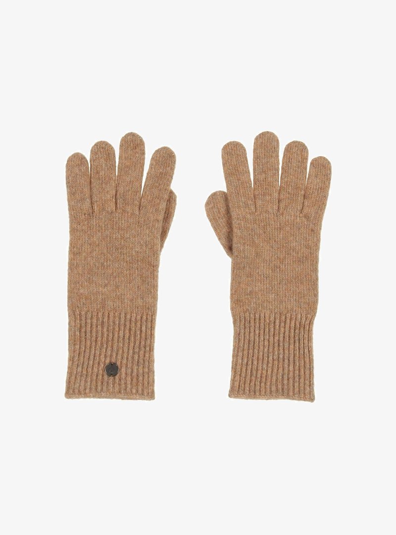 Brązowe dziane rękawiczki z prążkowanymi mankietami, wykonane z miękkiego materiału. Wzór zawiera pięć palców oraz małe czarne logo na nadgarstku.