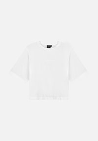 Witte cropped t-shirt, korte mouwen, ronde hals, gemaakt van zachte katoen. Kenmerkt subtiele voor tekst in een lichtere tint. Vloeiende textuur.