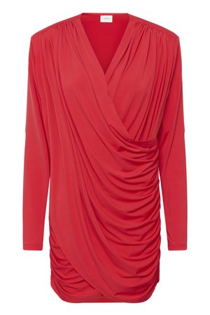 Červené dlouhé šaty s dlouhým rukávem, klouzavým předním dílem, nabráním a výstřihem do V.