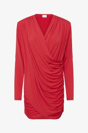 Červené dlouhé šaty s dlouhým rukávem, klouzavým předním dílem, nabráním a výstřihem do V.