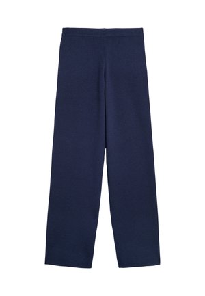 Pantaloni largi bleu marin, confecționați dintr-un material moale, având un brâu elastic cu nervuri și fără modele vizibile sau accesorii.