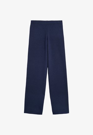 Granatowe spodnie o szerokich nogawkach, wykonane z miękkiego materiału, z elastycznym, prążkowanym pasem w talii oraz bez widocznych wzorów czy elementów metalowych.