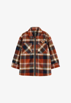 Flannel jacket in orange and navy plaid, featuring a zip front, two chest pockets, and a small embroidered fox detail on the left pocket.