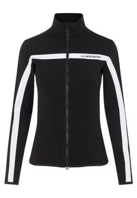 Svart zip-up jacka med hög krage, prydd med vita ränder längs ärmarna och en logotyp på bröstet. Slät, elastisk tyg.