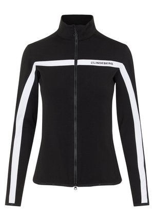 Black zip-up jacket with a high collar, featuring white stripes along the sleeves and brand logo on the chest. Smooth, stretchy fabric.