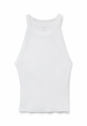 Camiseta de tirantes blanca con canalé, cuello alto y silueta ajustada, colocada plana sobre un fondo blanco.