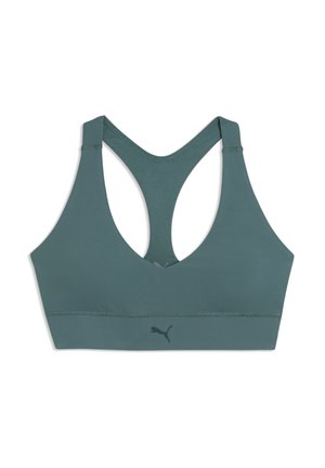 Grøn racerback sports-bh med Puma-logo placeret midt på den elastiske bånd forneden.