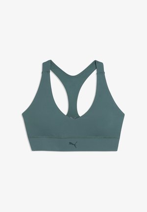 Grüner Racerback-Sport-BH mit Puma-Logo, mittig auf dem elastischen Band unten.