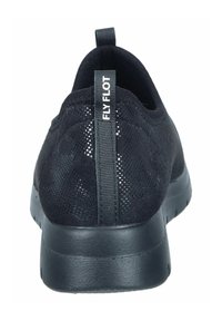 Black sneaker with a smooth rubber sole, mesh upper, and a textured heel counter. Features a looped pull tab with "FLYFLOT" branding.