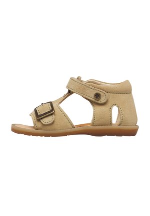 Sandalo beige per bambino piccolo con fibbia regolabile e cinturini in velcro, suola imbottita e ritaglio sul tallone per traspirabilità e comfort.