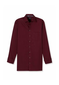 Burgunderfarbene Langarmbluse mit Knopfleiste, einer einzelnen Brusttasche und gefüttertem Innenkragen mit Muster. Hergestellt aus glattem Stoff.