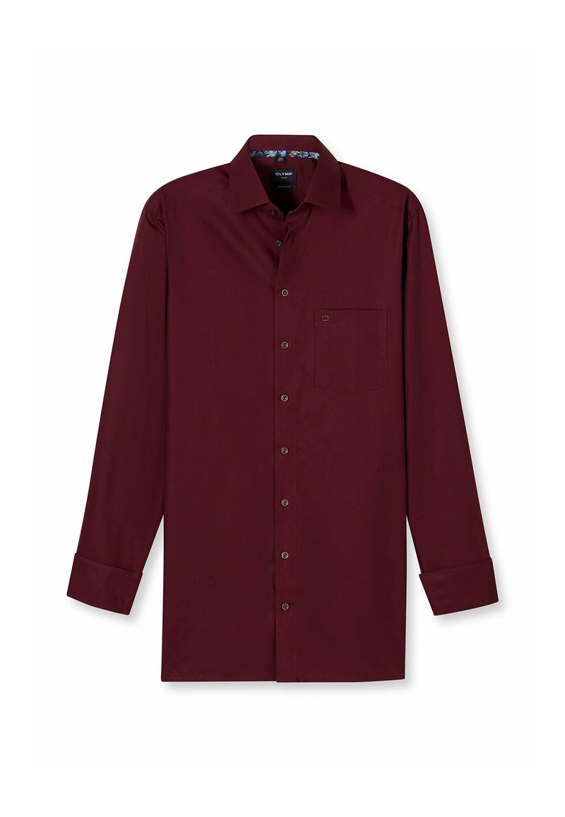 Burgunderfarbene Langarmbluse mit Knopfleiste, einer einzelnen Brusttasche und gefüttertem Innenkragen mit Muster. Hergestellt aus glattem Stoff.